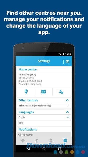 Tìm trung tâm gần bạn và thay đổi ngôn ngữ ứng dụng