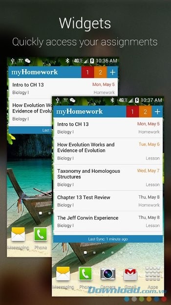 myHomework với giao diện truy cập nhanh từ Widget