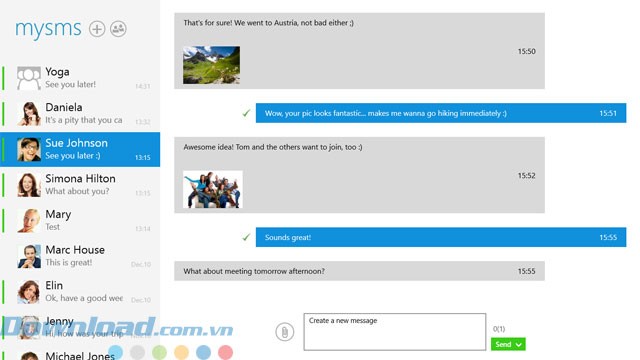 Giao diện ứng dụng gửi tin SMS mysms cho Windows 8