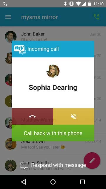 Thông báo cuộc gọi đến của mySMS Mirror cho Android
