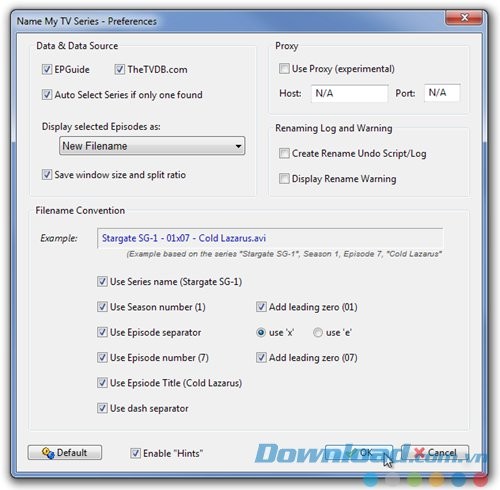 Name My TV Series với mục Preferences