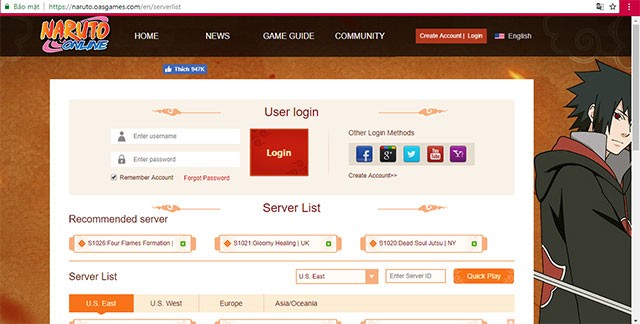 Đăng nhập tài khoản để chơi Naruto Online trực tuyến
