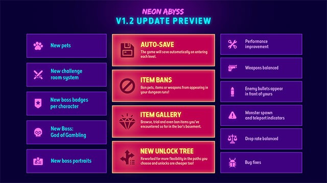 Neon Abyss 1.2 cập nhật tính năng Auto Save, thêm thú cưng mới và nhiều cải tiến, sửa lỗi
