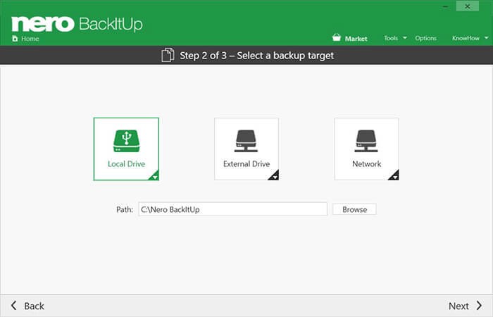 Nero BackItUp tùy chọn vị trí sao lưu dữ liệu