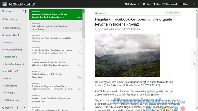 Giao diện ứng dụng đọc tin RSS Nextgen Reader