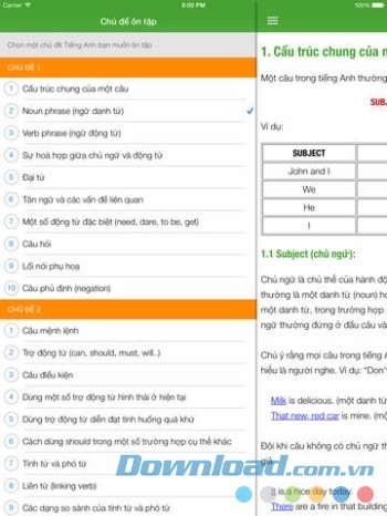 Hiển thị Mục lục khi vuốt ngang màn hình lúc ôn tập