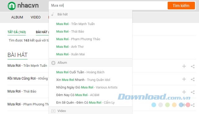 Tìm kiếm bài hát, video theo nhiều tiêu chí khác nhau.