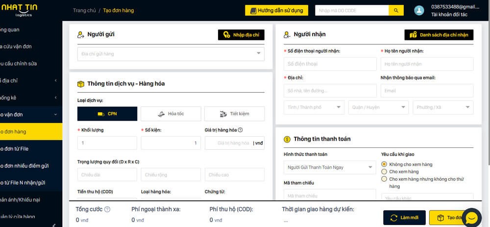 Tra cứu giá & tạo đơn hàng vận chuyển
