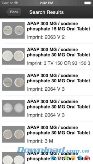 Bảng tìm kiếm kết quả của NLM Pillbox cho iOS
