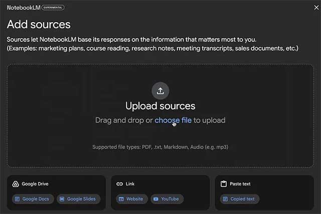 Giao diện tải file của NotebookLM