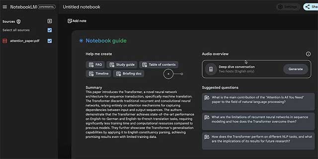 Notebook sẽ tự động tạo tóm tắt, câu hỏi và công cụ tạo nội dung sau khi tải file lên