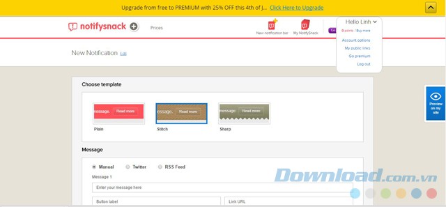 Giao diện lựa chọn mẫu thông báo của NotifySnack