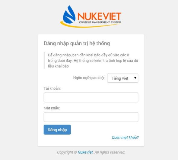 Giao diện đăng nhập quản trị hệ thống NukeViet