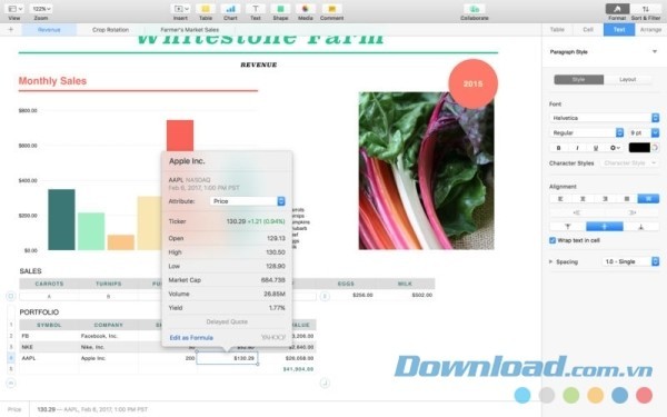 Giao diện hoạt động của Numbers cho Mac