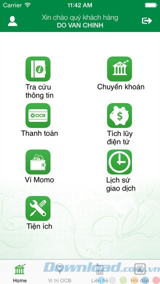 Giao diện chính của OCB Mobile Banking