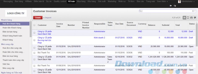 Giao diện chính của ERPOnline