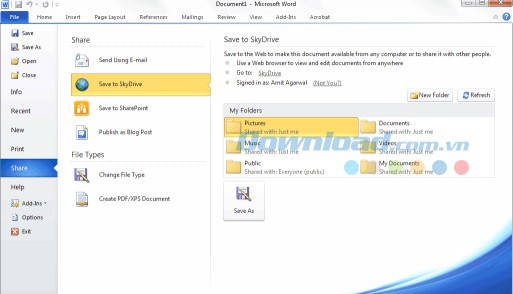 Với Microsoft Office 2010 người dùng có thể lưu tài liệu trên SkyDrive