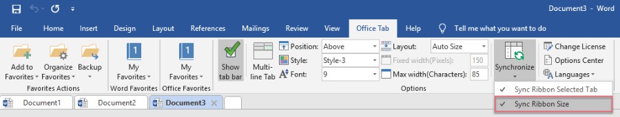 Tính năng đồng bộ kích thước ribbon mới trong Office Tab