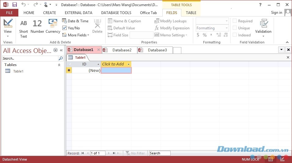 Giao diện Microsoft Access sau khi cài đặt Office Tab