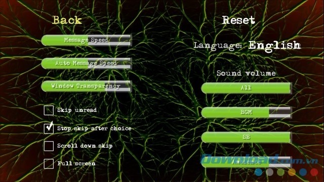 Thiết lập tốc độ, độ trong suốt, ngôn ngữ và âm thanh trong game tiểu thuyết tương tác Omega Pattern cho máy tính, Mac và Linux