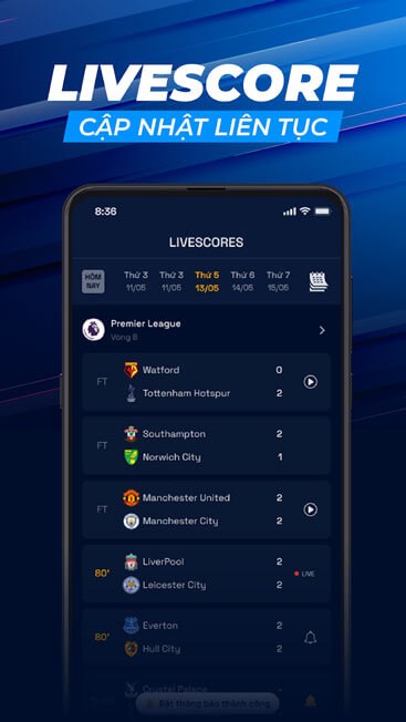 Livescore cập nhật luên tục