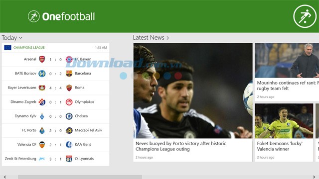 Giao diện chính của ứng dụng cập nhật tin tức bóng đá