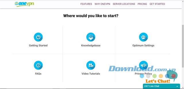 Giao diện hỗ trợ của ứng dụng VPN OneVPN trên máy tính