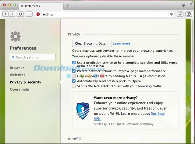 Các cài đặt riêng tư của Opera cho Mac
