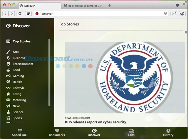Tính năng Discover của trình duyệt Opera cho Mac