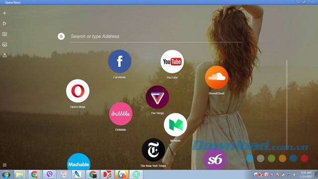 Giao diện chính của trình duyệt web miễn phí Opera Neon cho máy tính