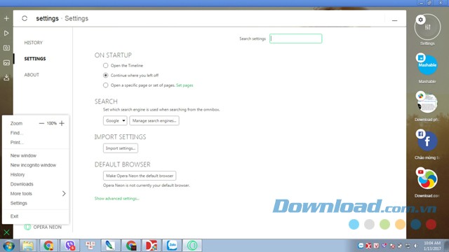 Thiết lập nhiều tính năng của trình duyệt web miễn phí Opera Neon cho máy tính