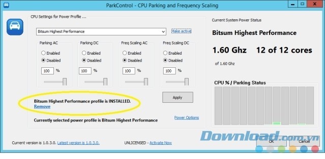Cài đặt hồ sơ hiệu suất cao nhất trong ứng dụng hệ thống ParkControl cho máy tính