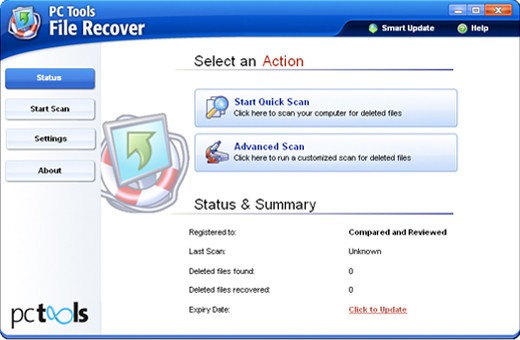 Giao diện làm việc chính của PC Tools File Recovery