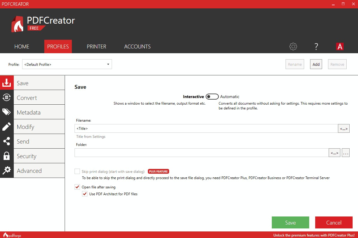Giao diện trang Profile của PDFCreator