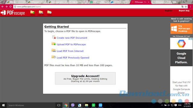 Menu chính của PDFescape