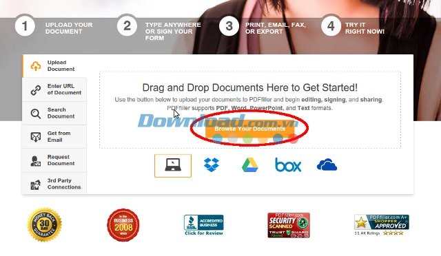 Giao diện trang web PDFfiller