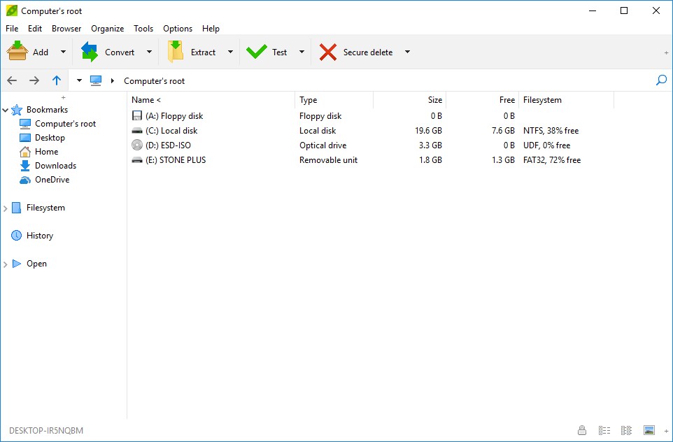 Giao diện điều hướng của PeaZip