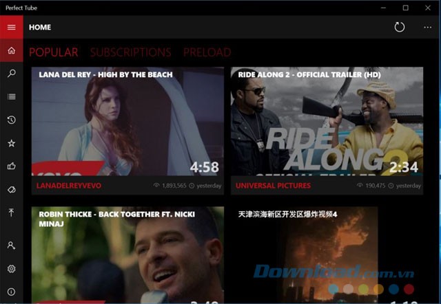 Giao diện ứng dụng Perfect Tube