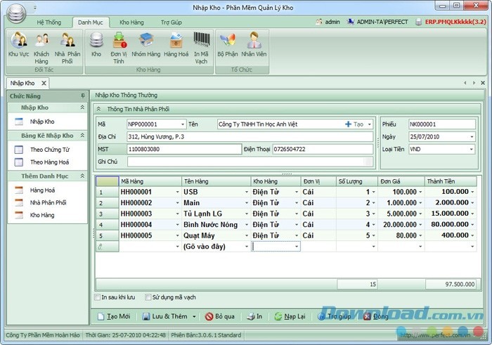 Giao diện phần mềm Quản lý Kho Perfect Warehouse