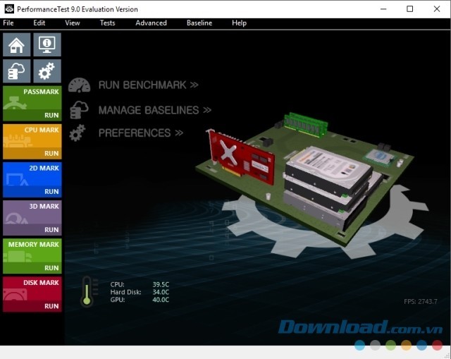 Giao diện chính của ứng dụng PerformanceTest cho máy tính
