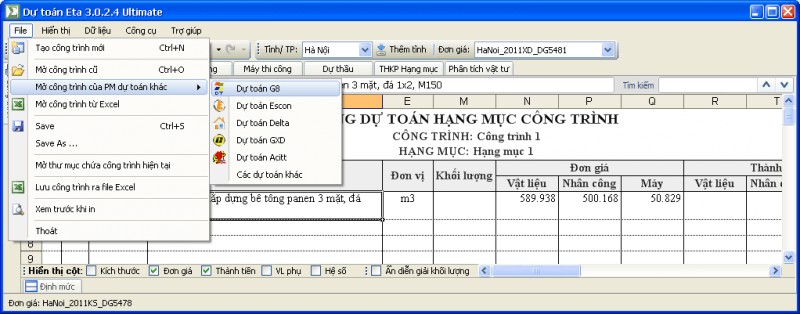 Mở công trình từ phần mềm dự toán khác ngay trong Eta