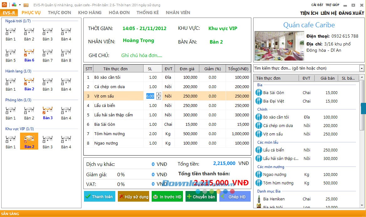 Phần mềm quản lý nhà hàng, quán cafe EVS-R
