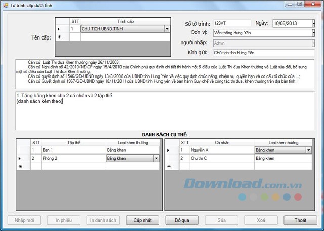 Tờ trình cấp dưới