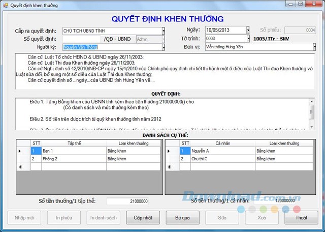 Quyết định khen thưởng