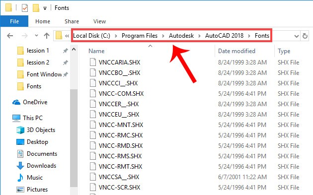 Mở thư mục Fonts của AutoCAD