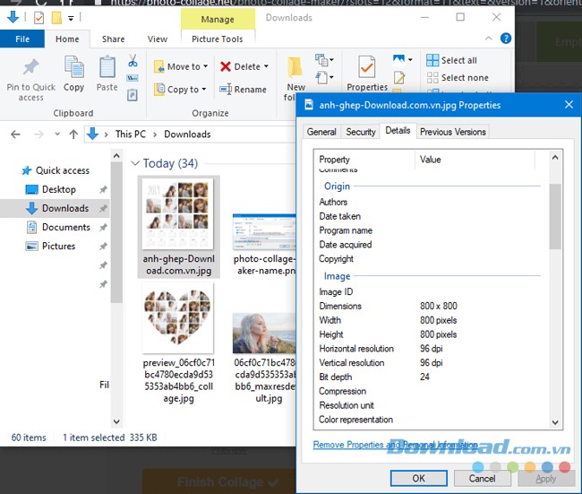 Thông số kích thước ảnh ghép của Photo Collage Maker