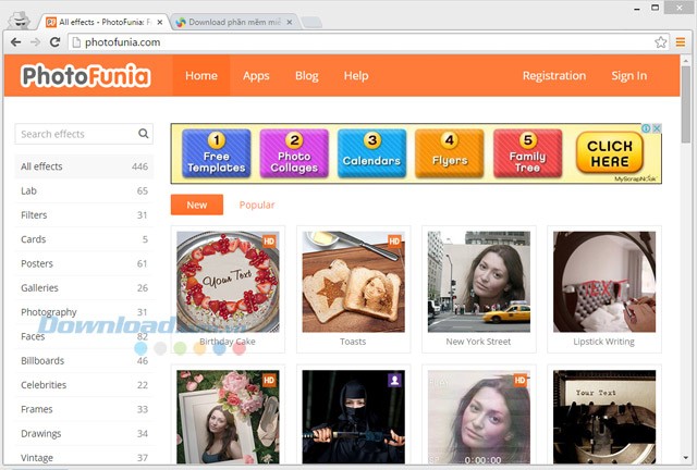 Giao diện trang chủ PhotoFunia