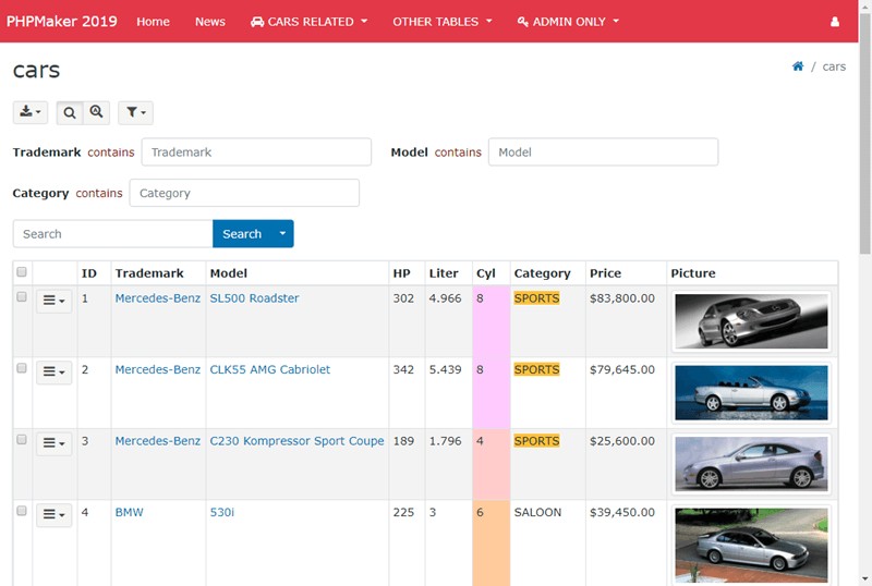 Menu mới của PHPMaker