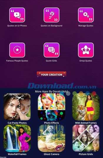 Giao diện khởi động của ứng dụng Picture Quotes