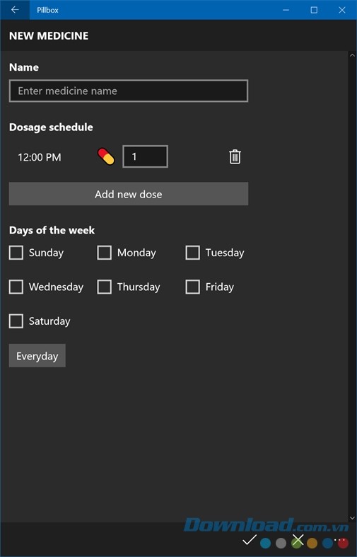 Giao diện mẫu thêm thuốc mới của ứng dụng nhắc nhở uống thuốc Pillbox miễn phí cho máy tính và Windows 10 Mobile
